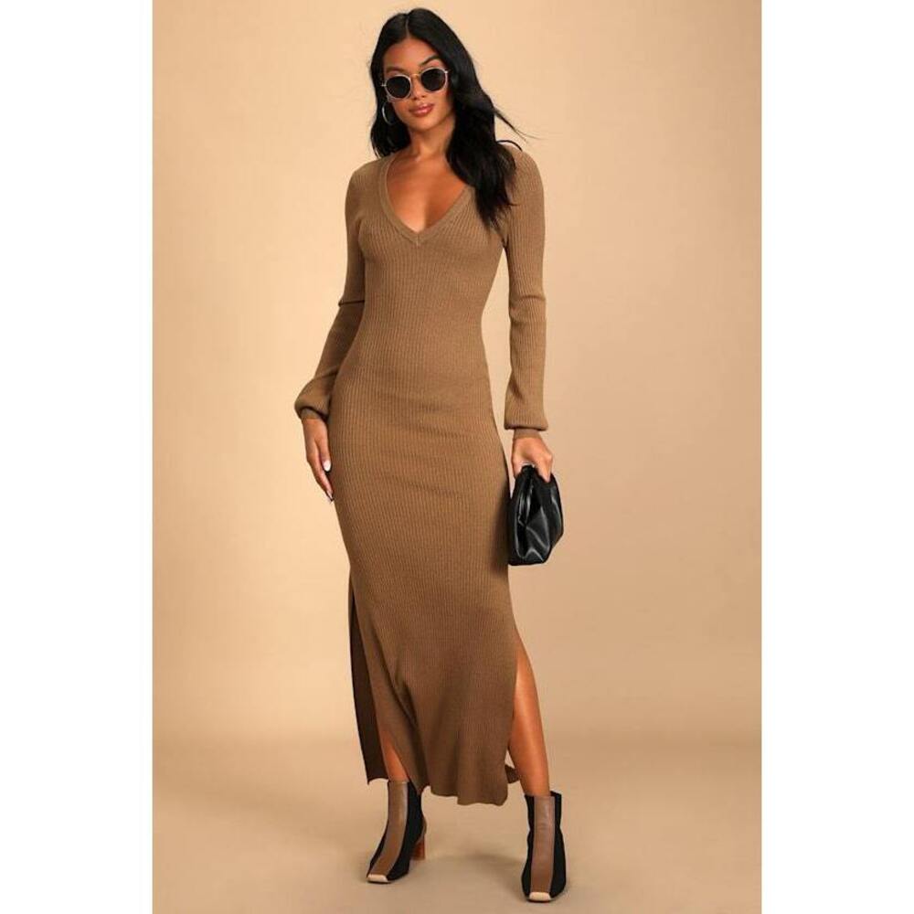 Lulus Fall Afternoon Tan Ribbed Knit Long Sleeve Maxi Sweater Dress Brown